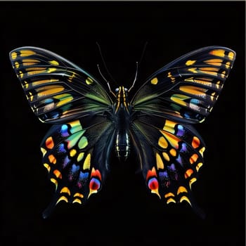 Abstract illustration: Butterfly isolated on black background. Colorful butterfly wings.