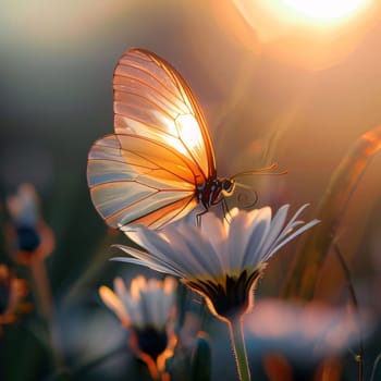 Beautiful spring illustration: Butterfly on a daisy flower in the rays of the setting sunly on daisy flower at sunset. Beautiful nature scene with butterfly.