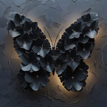 Beautiful spring illustration: Black butterfly made of paper flowers on a dark background. 3d rendering