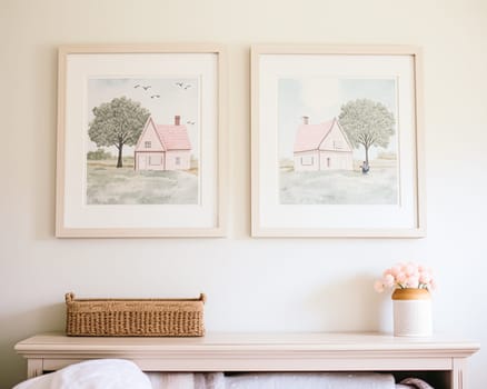 Nursery wall art, home decor and framed art in the English country cottage interior, room for diy printable artwork mockup and print shop idea