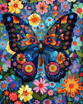 Beautiful spring illustration: butterfly and flowers on a background of blue and pink flowers