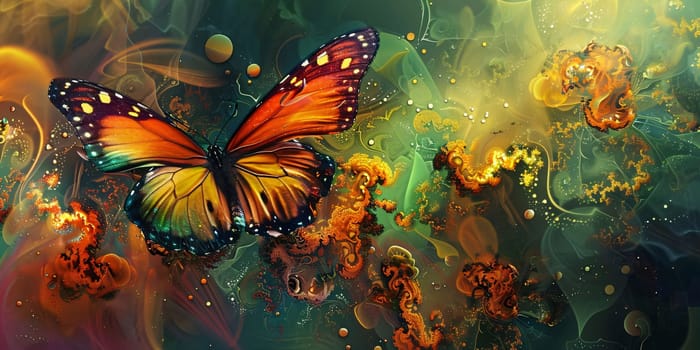 Beautiful spring illustration: Butterfly on abstract colorful background. 3d render illustration.