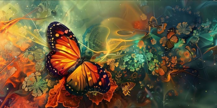 Beautiful spring illustration: Butterfly on abstract floral background. 3D illustration. Elements of this image furnished by NASA