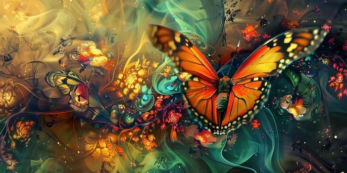 Beautiful spring illustration: Beautiful butterfly on abstract colorful background. 3d render illustration.