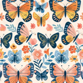 Beautiful spring illustration: Seamless pattern with butterflies and flowers. Hand drawn vector illustration.