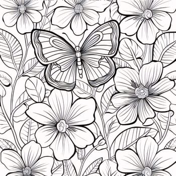 Beautiful spring illustration: Seamless pattern with butterflies and flowers. Black and white vector illustration.