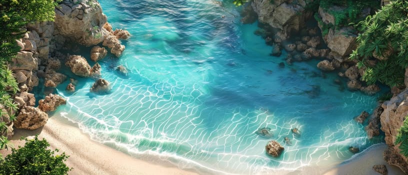 A beach scene with two lounge chairs on the sand by AI generated image.