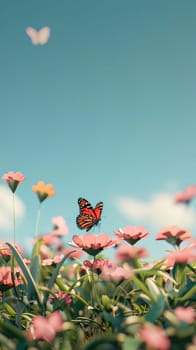 Beautiful spring illustration: Butterfly on pink flower with blue sky and clouds background.