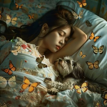 Beautiful spring illustration: Beautiful young woman sleeping in bed with her dog and butterflies.