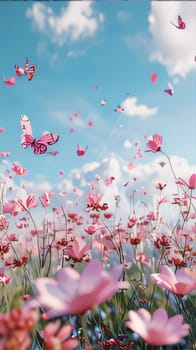 Beautiful spring illustration: Beautiful Pink cosmos flowers and butterflies on blue sky background with copy space. Cosmos flowers with butterfly flying in the blue sky.