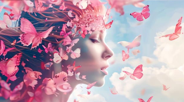 Beautiful spring illustration: Portrait of a beautiful girl with butterflies in her hair. 3d rendering.
