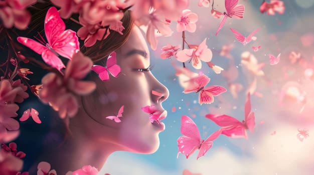 Beautiful spring illustration: Double exposure of beautiful woman face with pink flowers and butterflies flying around