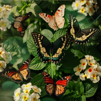 Abstract illustration: Butterflies on the flowers in the garden. Colorful background.