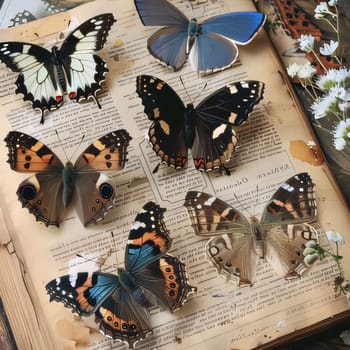 Beautiful spring illustration: Butterflies, books and flowers on the old wooden background.