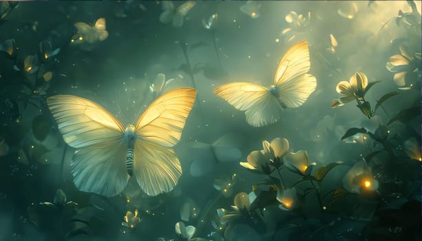 Abstract illustration: Butterflies flying in the forest. 3d illustration. Nature background.