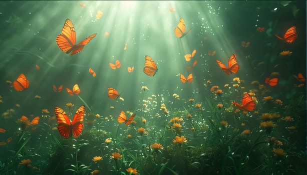 Beautiful spring illustration: Butterflies flying over meadow with flowers. 3d render