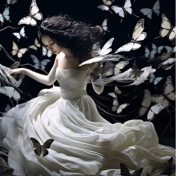 Beautiful spring illustration: Beautiful young woman in a white dress with butterflies on a black background