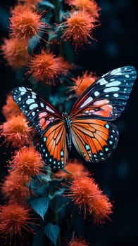 Beautiful spring illustration: Butterfly on red flower with copy space. Colorful butterfly