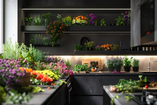 The interior of the kitchen decorated with colorful flowers in pots. Flowering flowers, a symbol of spring, new life. A joyful time of nature awakening to life.