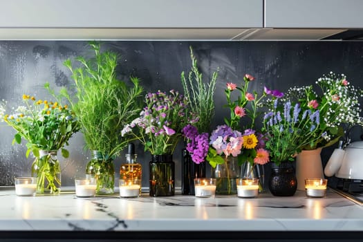 Colorful flowers in vases and burning candles in the kitchen. Flowering flowers, a symbol of spring, new life. A joyful time of nature awakening to life.