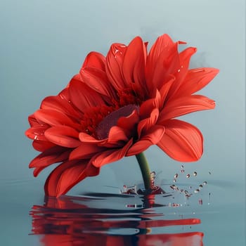 Red gerbera in water Flowering flowers, a symbol of spring, new life. A joyful time of nature awakening to life.