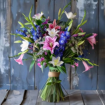 A bouquet of colorful flowers on a wooden background. Flowering flowers, a symbol of spring, new life. A joyful time of nature awakening to life.