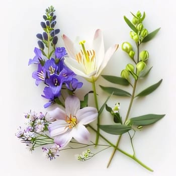 Arranged colorful flowers on a white background. Flowering flowers, a symbol of spring, new life. A joyful time of nature awakening to life.