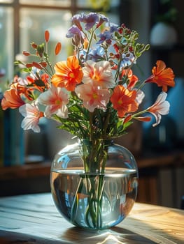 A bouquet of orange, white and blue flowers in a vase on a wooden tabletop smudged background. Flowering flowers, a symbol of spring, new life. A joyful time of nature awakening to life.