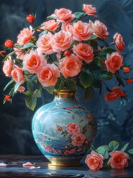 Porcelain decorated vase, and in it pink orange roses on a dark background. Flowering flowers, a symbol of spring, new life. A joyful time of nature awakening to life.