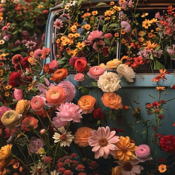 Old car overgrown with colorful flowers vegetation. Flowering flowers, a symbol of spring, new life. A joyful time of nature awakening to life.