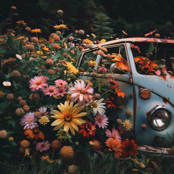 Old car overgrown with colorful flowers vegetation. Flowering flowers, a symbol of spring, new life. A joyful time of nature awakening to life.