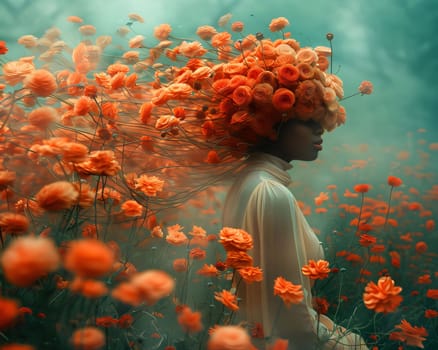 Young woman with red orange flowers in her hair in a clearing, fractional illustration. Flowering flowers, a symbol of spring, new life. A joyful time of nature awakening to life.