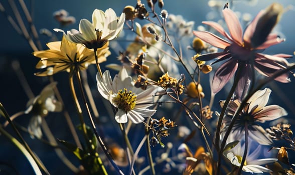 Bright white, orange, yellow flowers rays of sunlight falling on them. Dark background. Flowering flowers, a symbol of spring, new life. A joyful time of nature awakening to life.