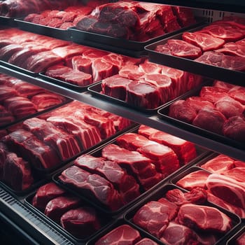 Raw meat and steaks displayed in a showcase, ready for selection and purchase