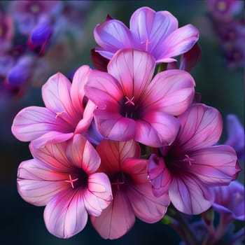 Purple pink flowers, close up photo from above. Flowering flowers, a symbol of spring, new life. A joyful time of nature awakening to life.