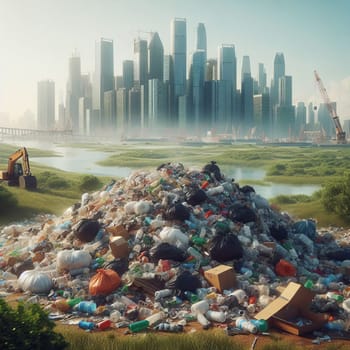 Urban development contrasts with a large garbage pile, highlighting environmental concerns