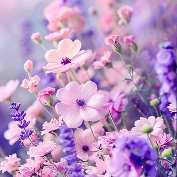 White, pink, purple flowers in the garden. Flowering flowers, a symbol of spring, new life. A joyful time of nature awakening to life.