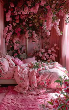 Interior bedroom pink bed around dozens of pink flowers. Flowering flowers, a symbol of spring, new life. A joyful time of nature awakening to life.