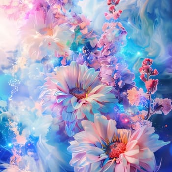 Abstract light blue colorful flowers on a starry background. Flowering flowers, a symbol of spring, new life. A joyful time of nature awakening to life.