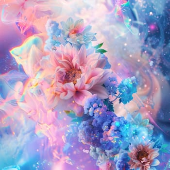 Abstract light blue colorful flowers on a starry background. Flowering flowers, a symbol of spring, new life. A joyful time of nature awakening to life.