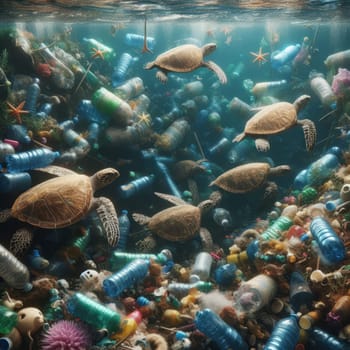 Sea turtles navigate through an ocean filled with plastic waste, highlighting the urgent need for marine conservation