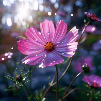 Pink cosmos flowers with a green stem, sunshine in the background. Flowering flowers, a symbol of spring, new life. A joyful time of nature waking up to life.