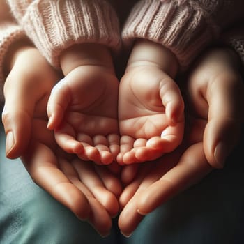 Close-up of two hands holding a smaller pair of hands, symbolizing child care and protection