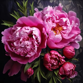 Large pink peonies with green leaves on a dark background close-up view. Flowering flowers, a symbol of spring, new life. A joyful time of nature waking up to life.