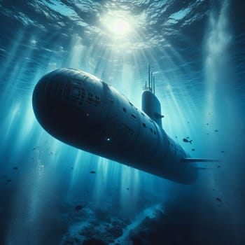 Military submarine underwater, illuminated by sun rays penetrating the deep, serene, blue sea