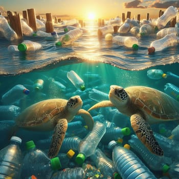 Two sea turtles navigate a sea of plastic bottles, a poignant commentary on pollution at sunset