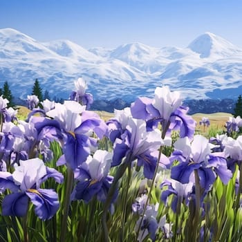 Purple and white crocuses on a green field in the background high mountain ranges with snow. Flowering flowers, a symbol of spring, new life. A joyful time of nature waking up to life.