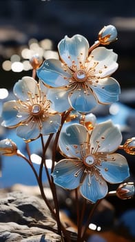 White small flowers on stems around stone, smudged background. Flowering flowers, a symbol of spring, new life. A joyful time of nature waking up to life.