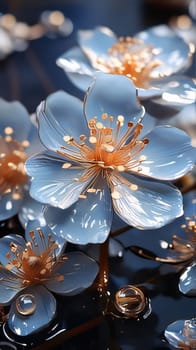 White small flowers on stems around stone, smudged background. Flowering flowers, a symbol of spring, new life. A joyful time of nature waking up to life.