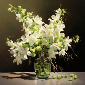 Bouquet of white and green flowers in a vase on a table dark background. Flowering flowers, a symbol of spring, new life. A joyful time of nature waking up to life.